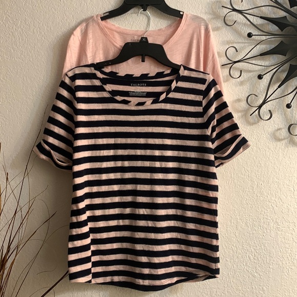 Talbots Womens T Shirt Scoop Neck Long Sleeve Striped Metallic Black & pink - Picture 1 of 4